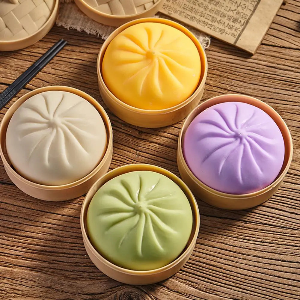 Colorful Dumpling Squishes Stress Balls Fidget Sensory Toys Simulation Food Squishies Bun with Steamer Dough Ball Gifts