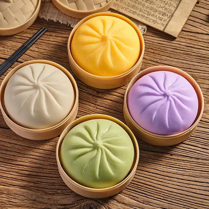 Colorful Dumpling Squishes Stress Balls Fidget Sensory Toys Simulation Food Squishies Bun with Steamer Dough Ball Gifts