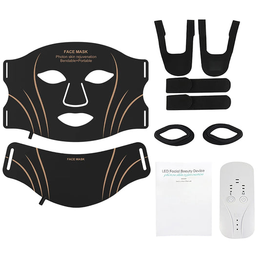 LED Facial Mask and Neck Set - Flexible Silicone Photon Therapy for Skin Repair, Oil Control, Anti-Acne, and Brightening in Seven Colors