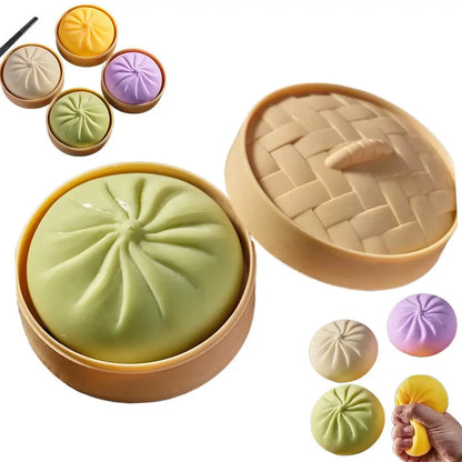 Colorful Dumpling Squishes Stress Balls Fidget Sensory Toys Simulation Food Squishies Bun with Steamer Dough Ball Gifts