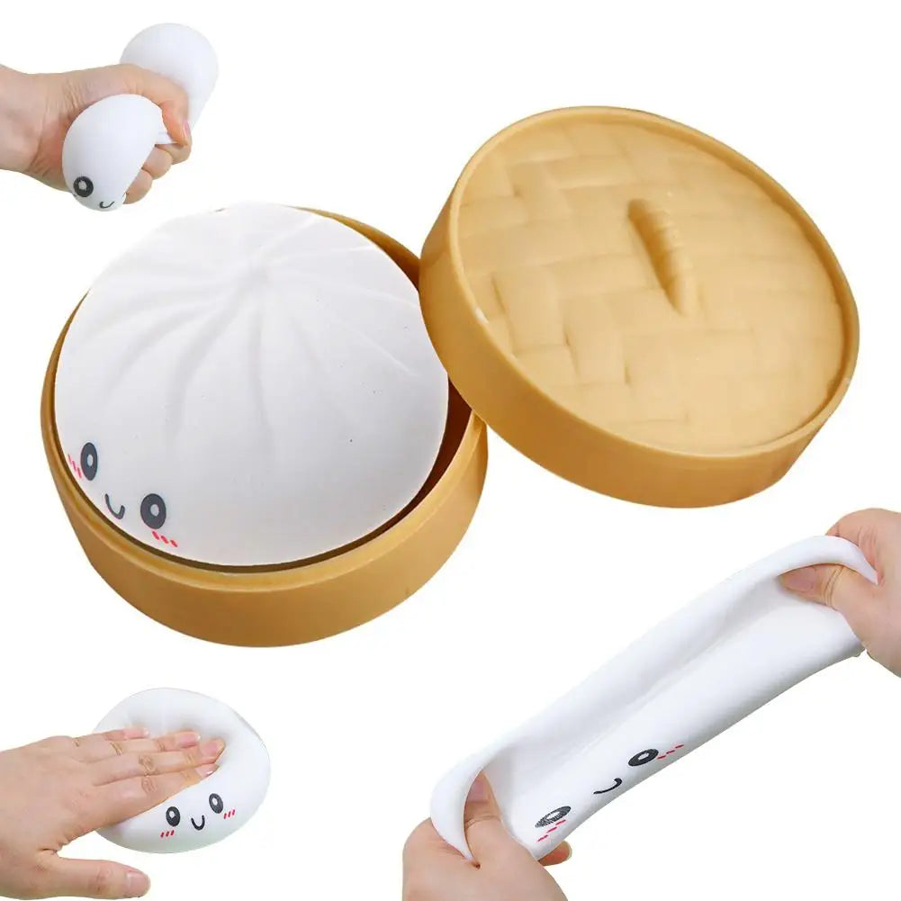 Colorful Dumpling Squishes Stress Balls Fidget Sensory Toys Simulation Food Squishies Bun with Steamer Dough Ball Gifts