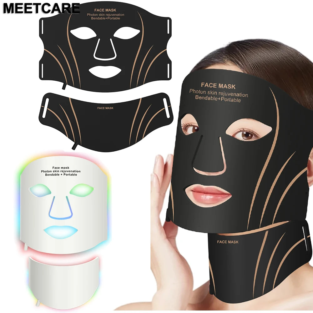 LED Facial Mask and Neck Set - Flexible Silicone Photon Therapy for Skin Repair, Oil Control, Anti-Acne, and Brightening in Seven Colors