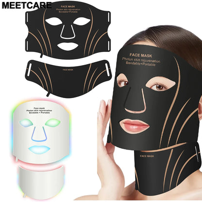 LED Facial Mask and Neck Set - Flexible Silicone Photon Therapy for Skin Repair, Oil Control, Anti-Acne, and Brightening in Seven Colors