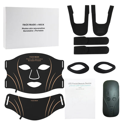 LED Facial Mask and Neck Set - Flexible Silicone Photon Therapy for Skin Repair, Oil Control, Anti-Acne, and Brightening in Seven Colors