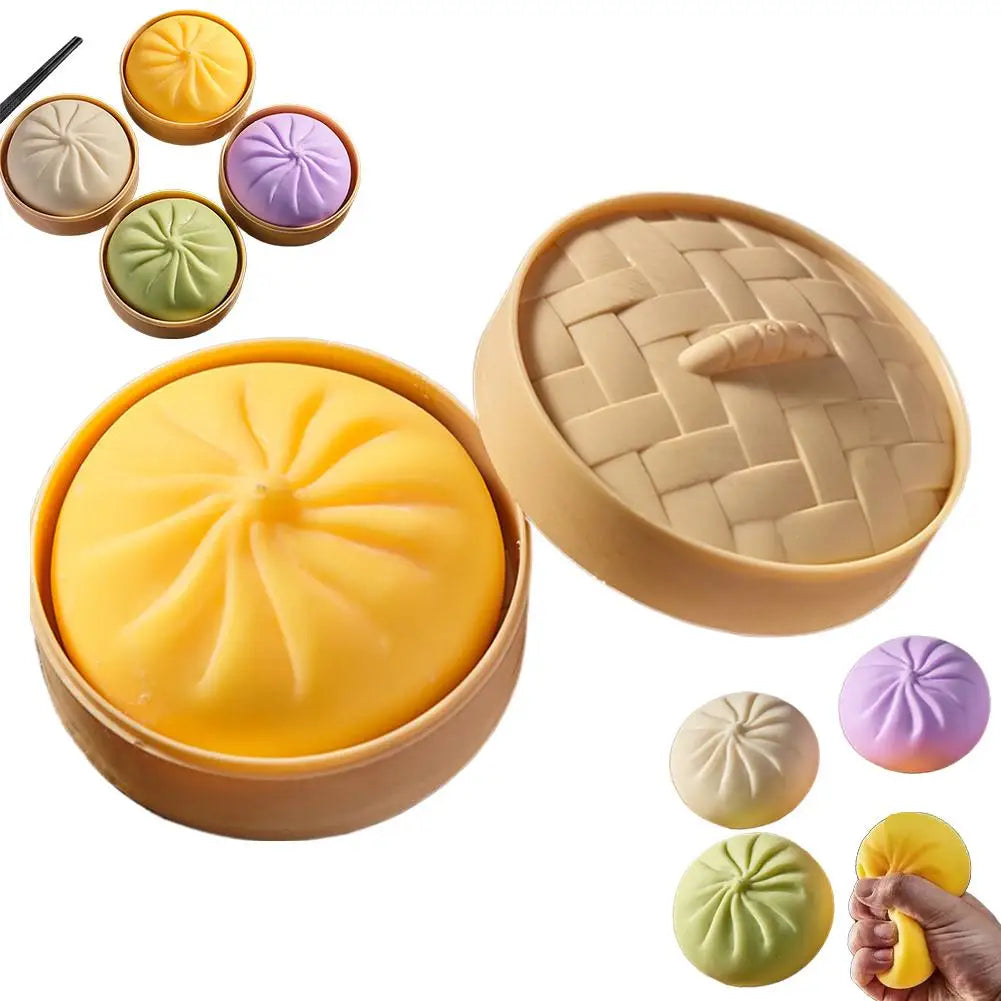 Colorful Dumpling Squishes Stress Balls Fidget Sensory Toys Simulation Food Squishies Bun with Steamer Dough Ball Gifts